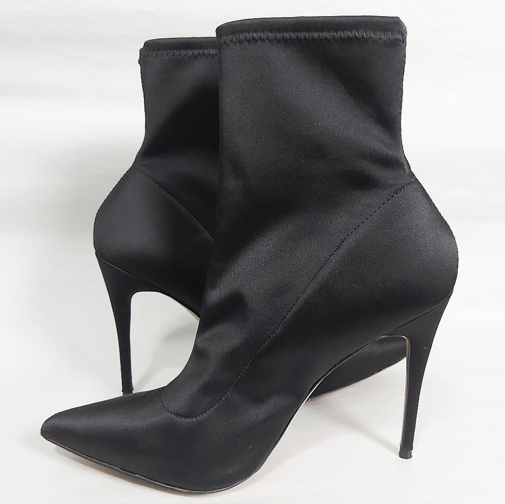 Aldo Black Satin Sock Booties Size 9 Pull-on Ankle High Stiletto Heel Pointy Toe - Picture 8 of 13